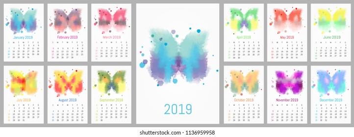 Vector watercolor design calendar 2019.