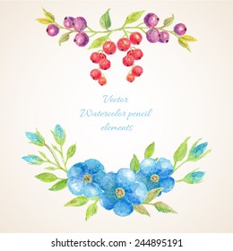 Vector Watercolor design elements. Colorful floral collection with leaves, berries and flowers, drawing watercolor. Spring or summer design for invitation, wedding or greeting cards 