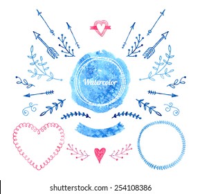 Vector Watercolor design elements, decoration, flower, paint, heart, arrow, logo, ribbon and frame isolated on white background