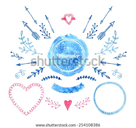 Vector Watercolor design elements, decoration, flower, paint, heart, arrow, logo, ribbon and frame isolated on white background