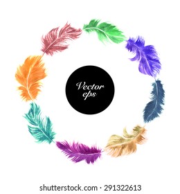 Vector watercolor design. Hand drawn colorful orange, blue, green and purple bird feather set arranged in a wreath with copy space isolated on white.