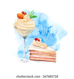 vector watercolor dessert menu design. It can be used for card, postcard, cover, invitation, wedding card, mothers day card, birthday card, menu, recipe.
