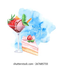 vector watercolor dessert menu design. It can be used for card, postcard, cover, invitation, wedding card, mothers day card, birthday card, menu, recipe.