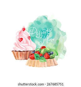 vector watercolor dessert menu design. It can be used for card, postcard, cover, invitation, wedding card, mothers day card, birthday card, menu, recipe.