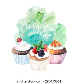 vector watercolor dessert menu design. It can be used for card, postcard, cover, invitation, wedding card, mothers day card, birthday card, menu, recipe.