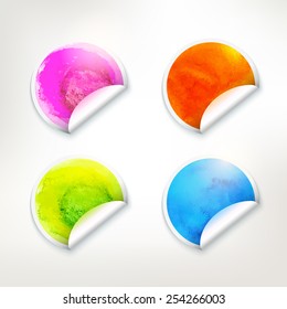 Vector watercolor different colors realistic stickers set. Bright circle backgrounds. Textured art banners. Four elements idea. 