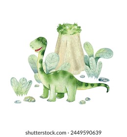 Vector watercolor dinosaur. Hand drawn illustration with brontosaurus.