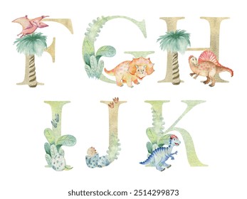 Vector watercolor dinosaurs letters for invitation card, nursery poster and other.