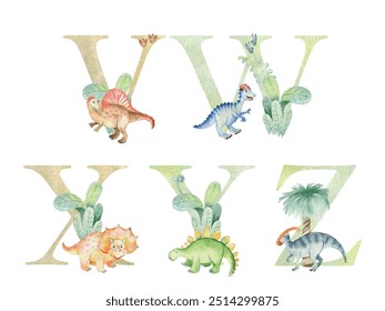 Vector watercolor dinosaurs letters for invitation card, nursery poster and other.