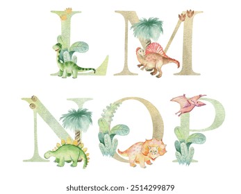 Vector watercolor dinosaurs letters for invitation card, nursery poster and other.