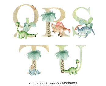 Cartas de dinossauros aquarela vetorial para cartão de convite, cartaz de berçário e outros.