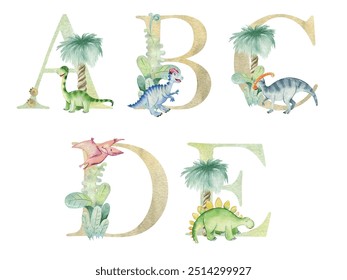 Vector watercolor dinosaurs letters for invitation card, nursery poster and other.