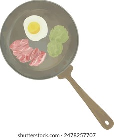 Vector Watercolor dish set, pan, bacon, egg, illustrations for creative cooking, invitation, greeting cards, birthday, event, holiday, menu; cooking class; Master Class