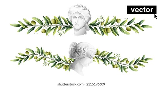 Vector Watercolor Divider And Border. Olives With Antique Italian God Bust. Illustration Of Mediterranean Berries, Green Leaves, Flowers, Buds, And Branches. 