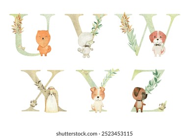 Vector watercolor dogs letters for invitation card, nursery poster and other.