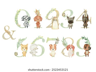 Vector watercolor dogs numbers for invitation card, nursery poster and other.