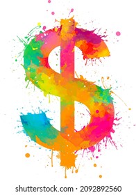 Vektorwasserfarbe Dollar-Zeichen Regenbogen bunter Splash-Kunst, 