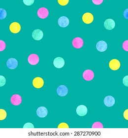 Vector watercolor dots pattern on green background. Pink, blue, yellow and mint circles.