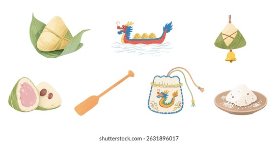 vector watercolor Dragon Boat Festival customs, eating rice dumplings, rowing dragon boats