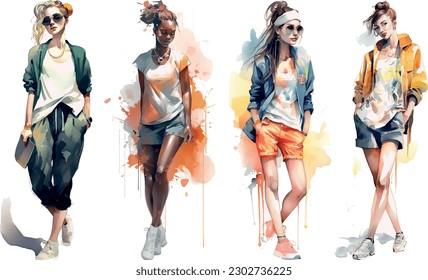 Vector Watercolor draw happy young woman casually walking.isolated on white (fictional characters)