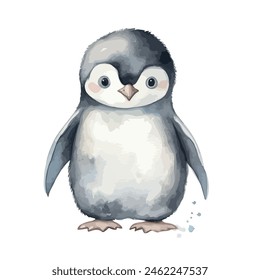 Vector watercolor drawing of baby penguin with happy face, isolated on white background, clipart image, illustration, drawing art, graphic logo, design clipart.