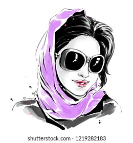 Vector watercolor drawing, fashion illustration. Young caucasian woman in sunglasses and purple scarf.