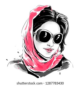 Vector watercolor drawing, fashion illustration. Young caucasian woman in sunglasses and red scarf.