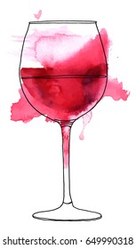 A Vector And Watercolor Drawing Of A Glass Of Red Wine With Splashes Of Paint, On White Background