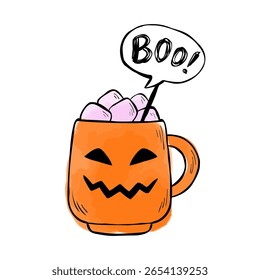 Vector watercolor drawing of Jack-o'-lantern mug for Halloween sticker, menu, card, or scrapbook. Illustration of hot drink with marshmallows and Boo bubble isolated on white background. 