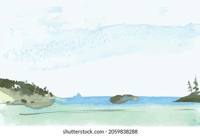 Vector watercolor drawing of landscape by lakeside in foggy morning