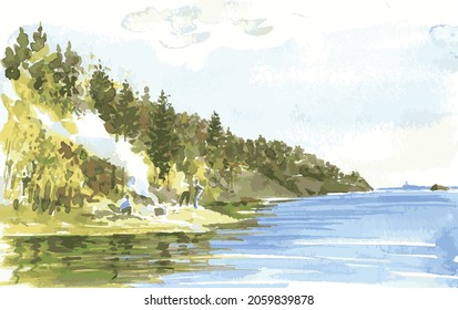 Vector watercolor drawing of landscape by lakeside in autumn morning