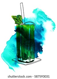 A vector and watercolor drawing of a mojito cocktail with mint leaves, a wedge of lime, a drinking straw and a texture, on white background