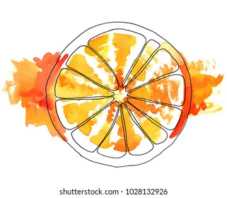 A vector and watercolor drawing of an orange with painterly brush strokes and splashes, hand painted on a white background