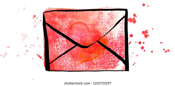 A vector and watercolor drawing of a pink envelope with a heart, a Valentine or a love letter illlustration on a white background