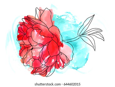 Vector and watercolor drawing of a red peony flower in bloom, on a branch with leaves, on a teal brushstroke texture, a decorative element for a greeting card or wedding invitation