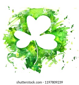 A vector and watercolor drawing of a shamrock, an Irish clover, with a grunge texture and copy space, a design template for a St Patrick's Day greeting card or invitation with a place for text