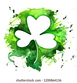 A vector and watercolor drawing of a shamrock, an Irish clover, with a grunge texture and copy space, a design template for a St Patrick's Day greeting card or invitation with a place for text