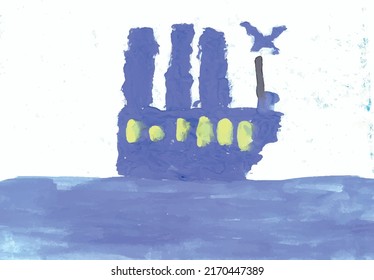 Vector watercolor drawing. A ship sailing on water. Hand drawn in the style of a child's drawing.