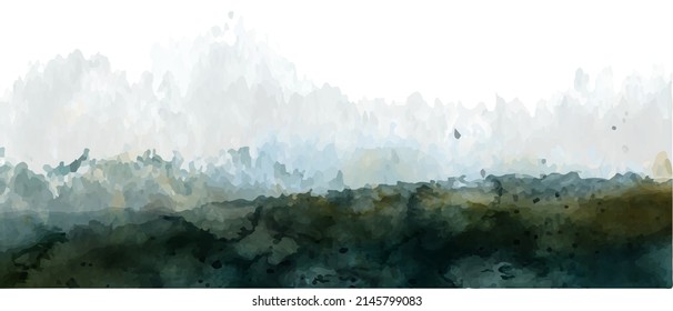 vector watercolor drawing summer landscape, forest and grass silhouette at white background, natural template, hand drawn illustration