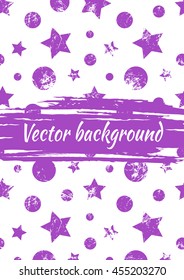 Vector watercolor drawn background with violet geometrical figures, stars, circles, vertical stripes and brush stroke. Creative artistic template for greeting card, layout, cover. 