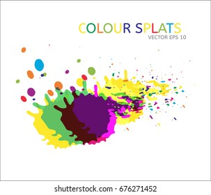 Vector watercolor drops and stains set. Hand painted artistic grunge backgrounds in purple, green, yellow. Color splash isolated on white. Hipster trendy funky design elements. Splats logo background.