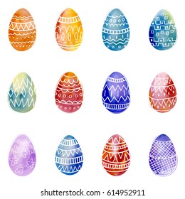 Vector watercolor Easter eggs with doodle ornament. Bright hand drawn spring illustration.