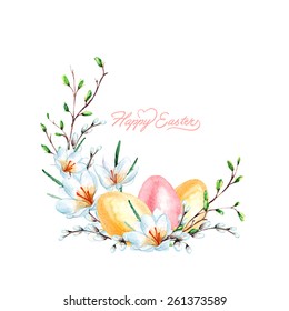 vector watercolor easter frame with flowers and eggs. It can be used for card, postcard, cover, invitation, easter card.