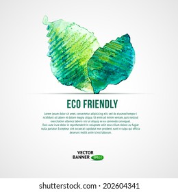 Vector watercolor eco friendly banner Drawing leaves. Nature label design.
