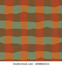 Vector watercolor effect gingham seamless pattern background. Organic irregular stripes painterly grid plaid backdrop. Ochre terracotta sage green checkered design. Crinkle faux cloth repeat