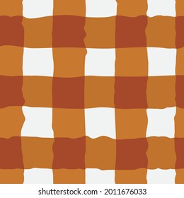 Vector watercolor effect gingham seamless pattern background. Organic irregular stripes painterly grid plaid backdrop. Ochre white checked design. Crinkle faux cloth repeat for packaging, wellness