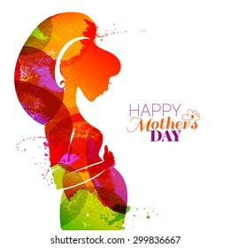 Vector watercolor effect illustration of beautiful pregnant woman isolated on white background. Card of Happy Mothers Day