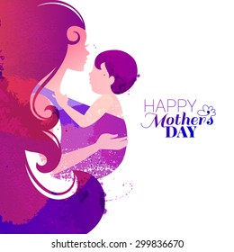 Vector watercolor effect illustration of mother silhouette with her baby. Card of Happy Mothers Day. Beautiful woman and child