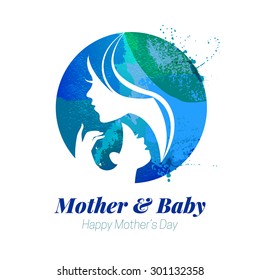 Vector watercolor effect illustration of mother silhouette with her baby. Card of Happy Mothers Day. Logo of beautiful woman and child