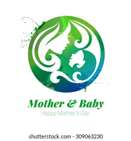 Vector watercolor effect illustration of mother silhouette with her baby. Card of Happy Mothers Day. Logo of beautiful woman and child